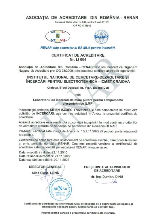 Certificat de Acreditare RENAR LI 004