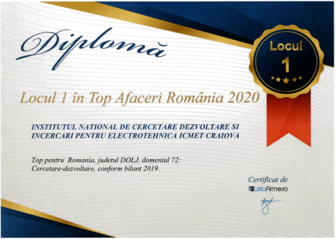 Diploma Locul 1 Top Afaceri Romania 2020