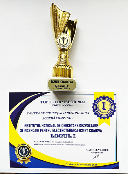 Trofeu si Diploma Topul Firmelor 2023 ICMET